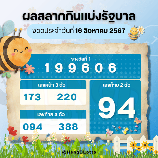 ผลหวยรัฐบาล 16 สิงหาคม